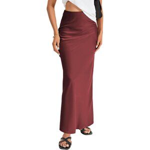 Women's Dark Red Elegant Satin Silky High Waist Zipper Flowy A Line Maxi Skirt